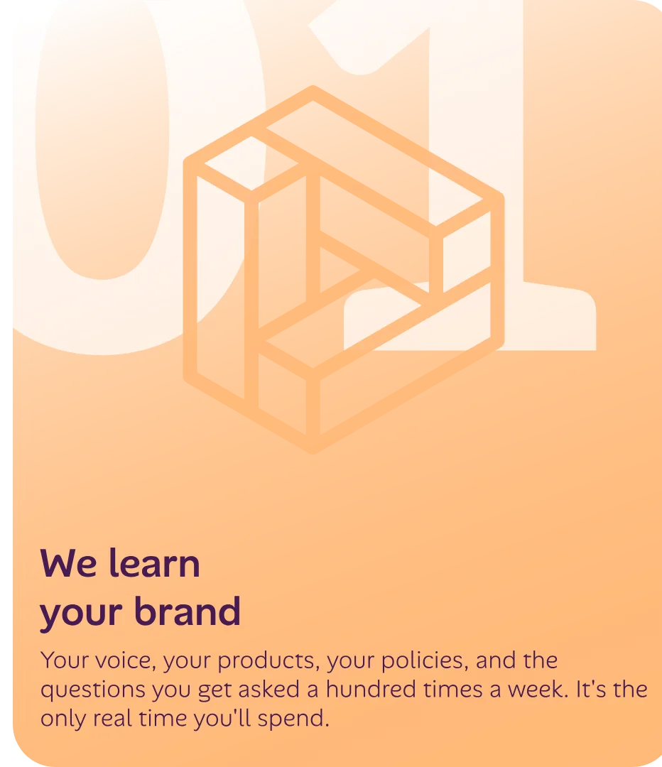 Step 01 — We learn your brand: your voice, your products, your policies, and the questions you get asked a hundred times a week. It's the only real time you'll spend.
