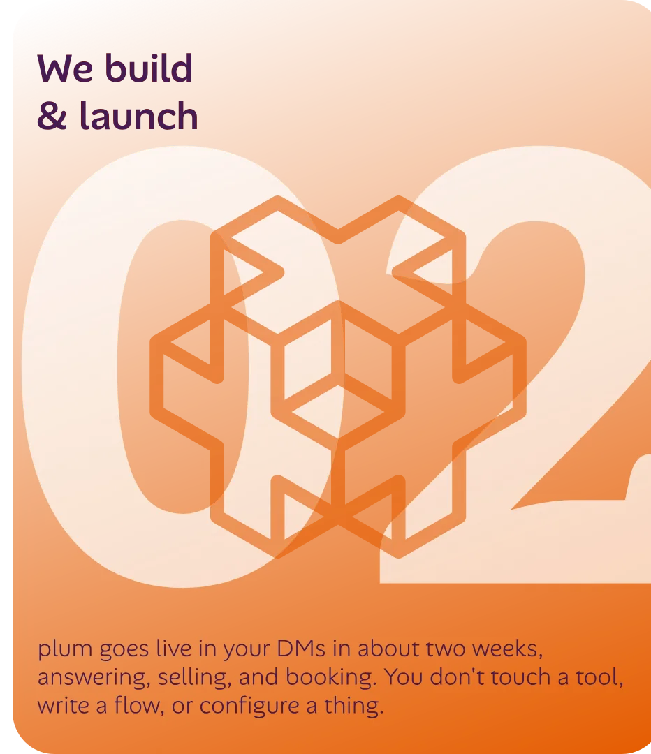 Step 02 — We build & launch: plum goes live on WhatsApp in about two weeks, answering, selling, and booking. You don't touch a tool, write a flow, or configure a thing.