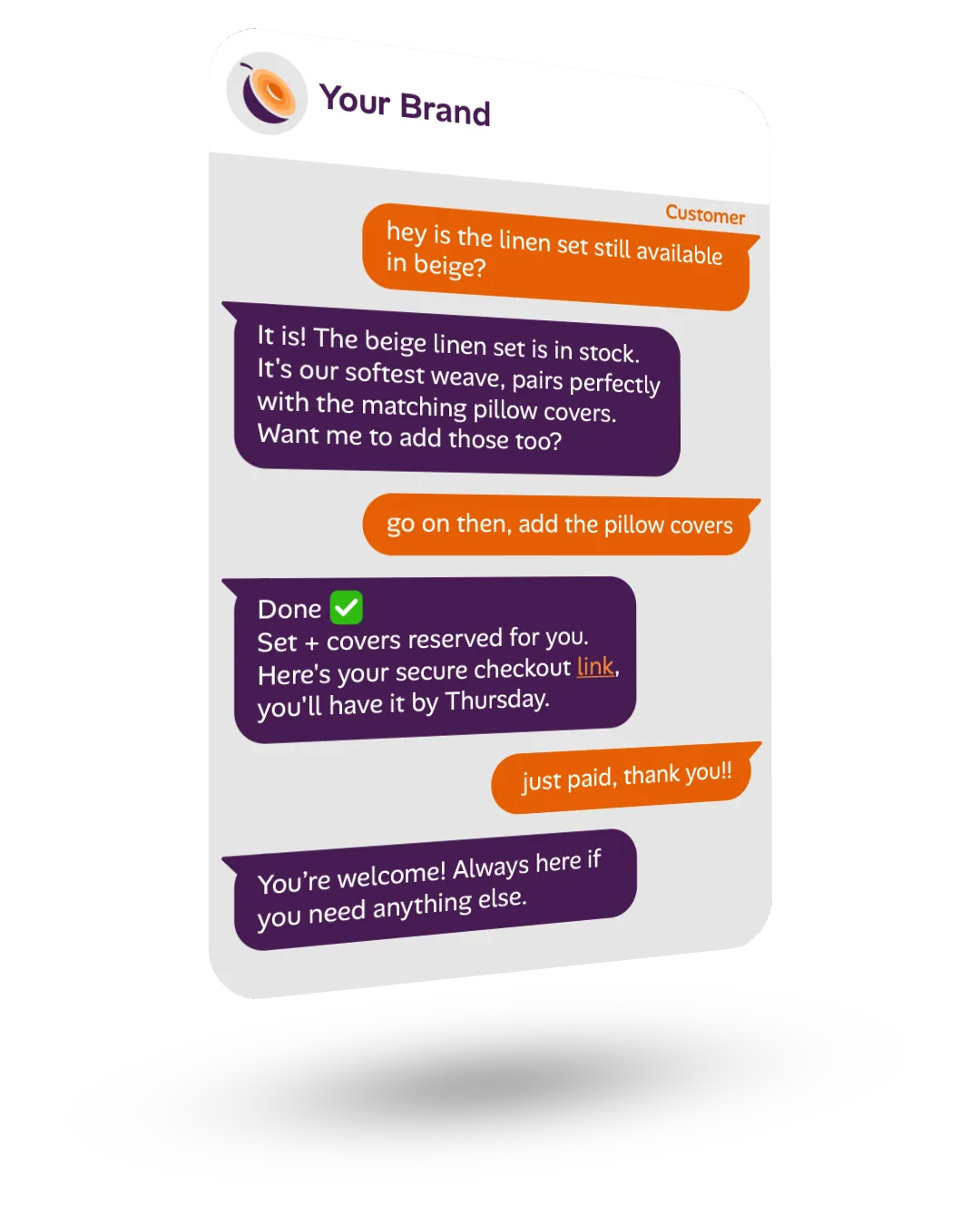 Sample plum chat: a customer asks if the beige linen set is available; plum confirms, adds the matching pillow covers, and closes the order